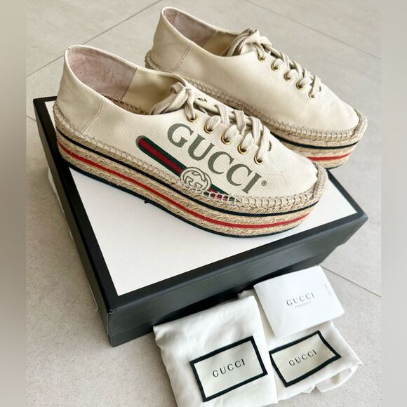 Gucci Cream Canvas Logo Lace-Up Platform Espadrilles Sz 38.5 Collapsible Heels - Picture 3 of 10